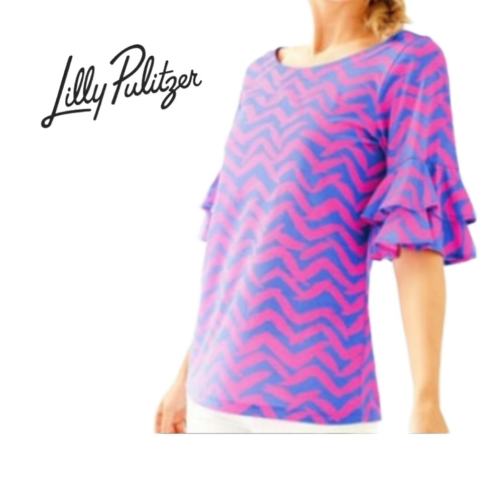 5x$25 Lilly Pulitzer New Got Lucky Pink Blue ruffle mid sleeve top size  XXS